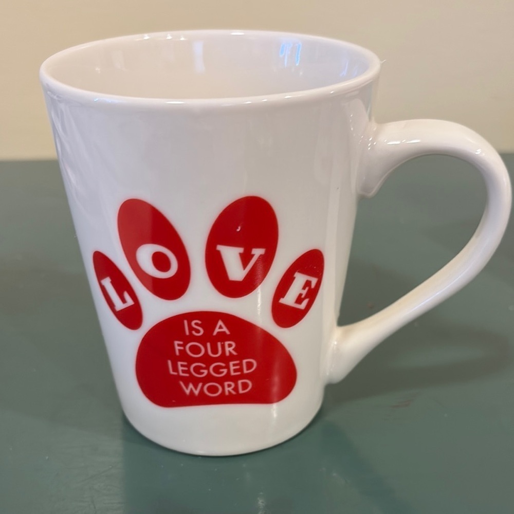 Royal Norfolk Red and White ‘Love is a four legged word’ Paw Print Mug.